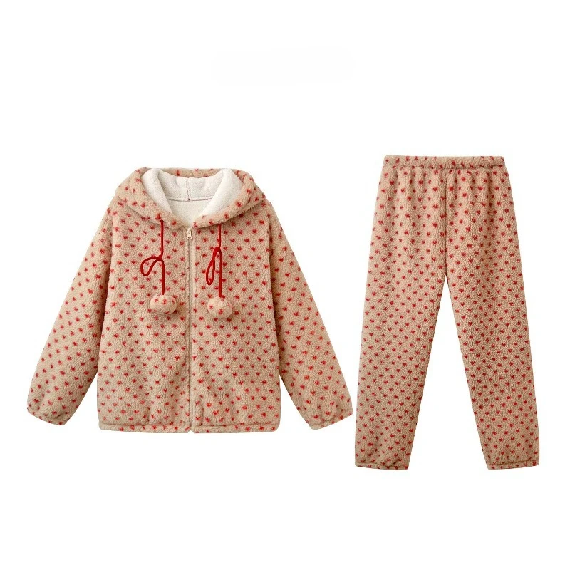 Hooded Love Warm Loungewear Can Be Worn Outside Women's Autumn Winter Winter Double-layer Composite Velvet Thickened Loungewear