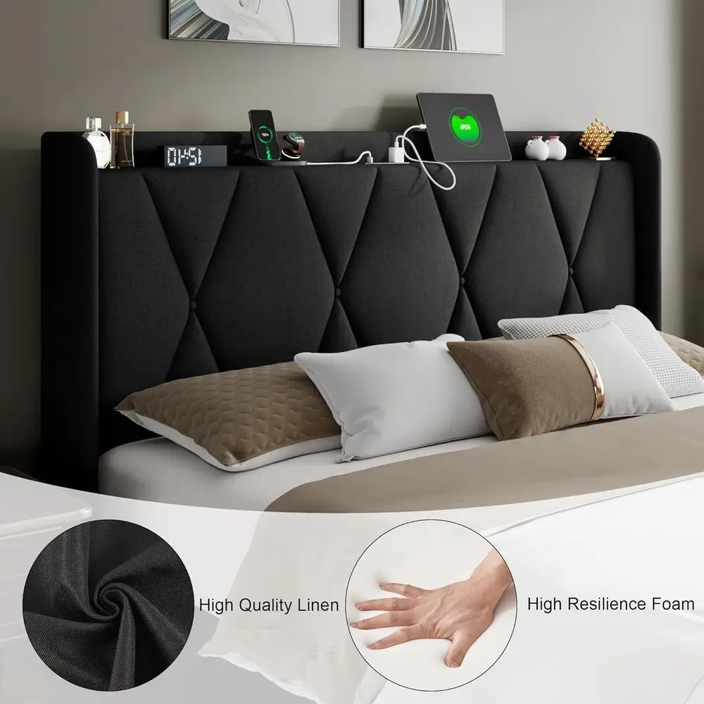 Черная мягкая кровать размера «queen-size» с 4 ящиками, зарядная станция, дизайн со спинкой, деревянная опора для планок, без коробчатой пружины, простая сборка