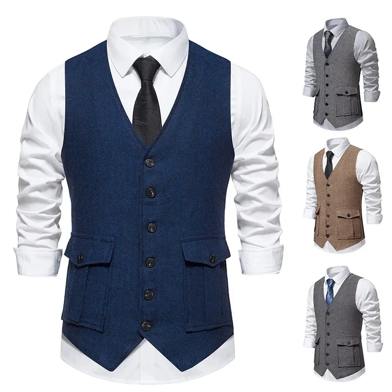 

2023 Autumn New Vintage Single Breasted Solid Pocket Men's Fashion Suit Vest