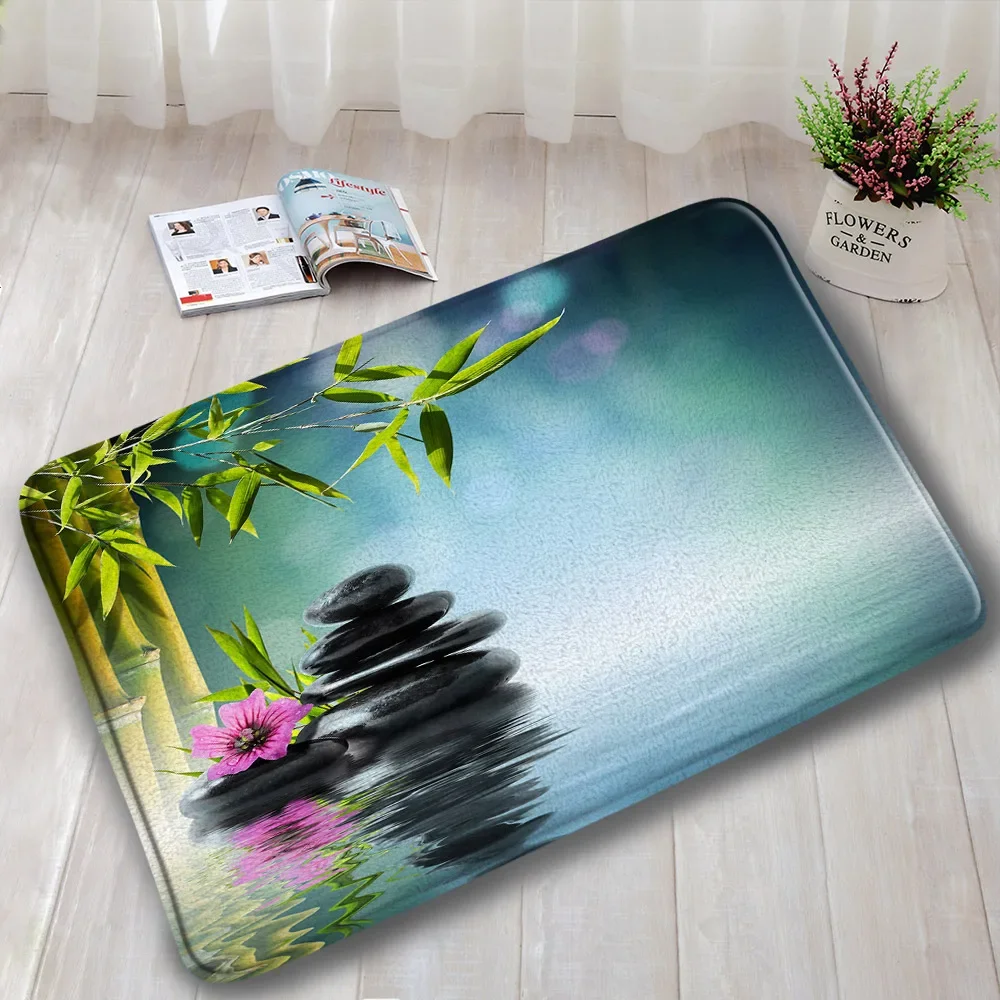 Zen Bathroom Mat Landscape Bamboo River Lotus Candle Green Leaf Indoor Entrance Doormat Absorbent Household Carpet Washable