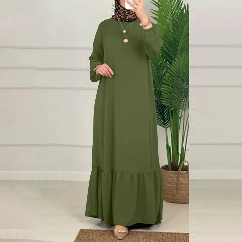 Jednolity kolor bufiaste rękawy z falbanami kobiety ubrania dla muzułmanów Vintage letnia sukienka imprezowa moda sukienka Maxi z długim rękawem indyk Abaya