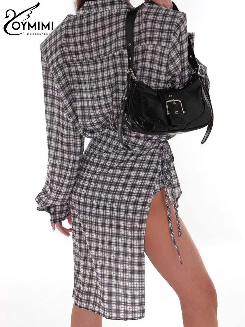 Oymimi Elegant Dark Grey Plaid Print 2 Piece Sets Women Outfit Fashion Long Sleeve Pockets Shirts + Lace-Up Side Slit Skirts Set