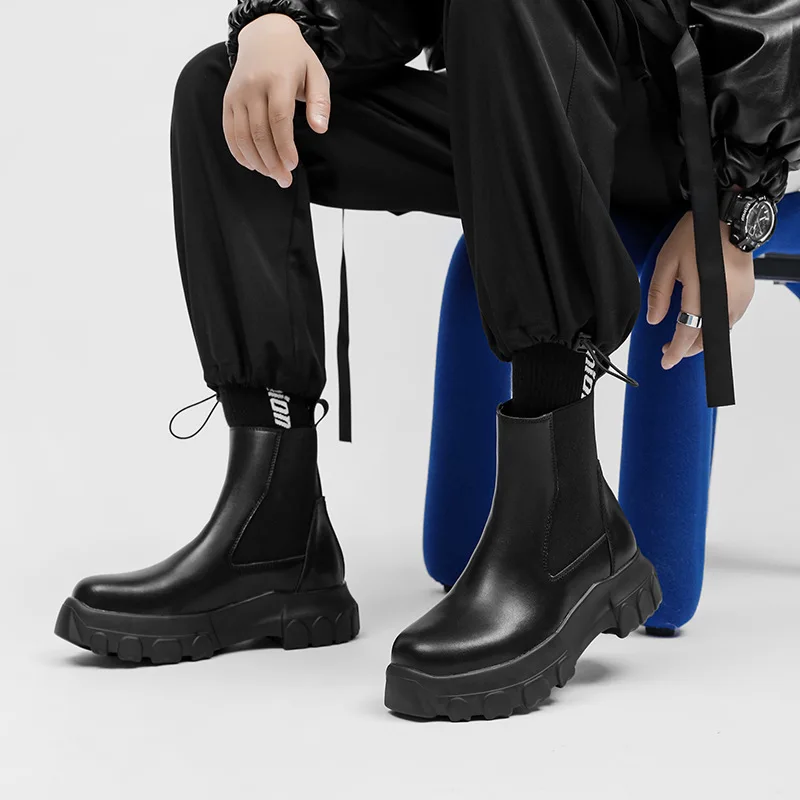 Men Boots Chelsea Genuine Leather Zip Platform Increasing Ankle Shoes Casual High Street Vintage Luxury Sneakers Gothic Owen view 6