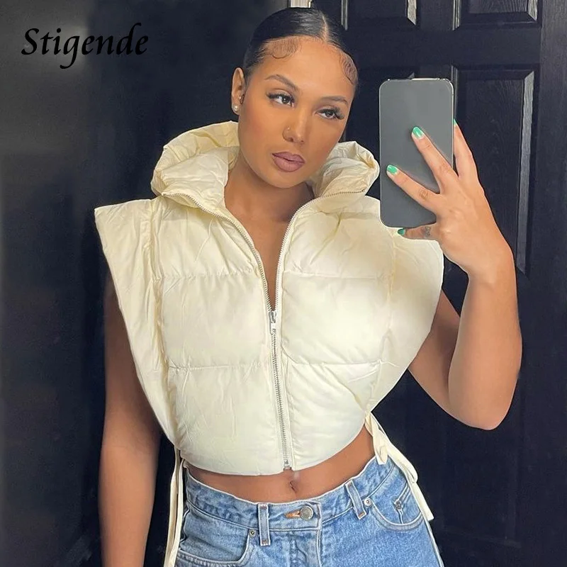 

Stigende Cotton Padded Hooded Tank Top Women Spring Autumn Loose Bandage Vest Tops Lace Up Side Split Front Zipper Short Parkas