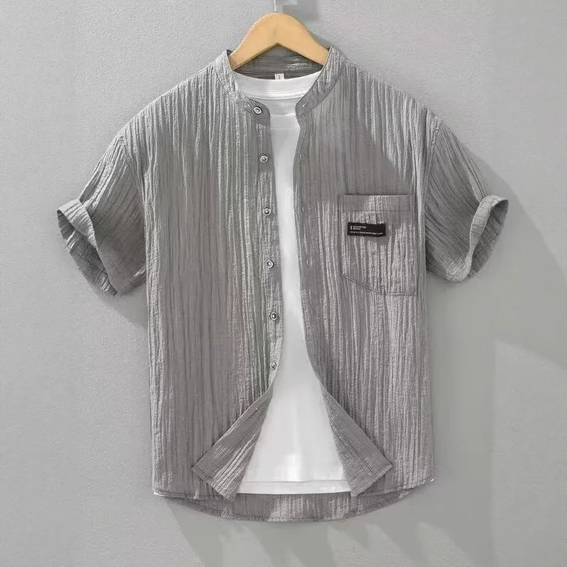 2025 Summer New Fashion Men's Solid Color Basic Simple Casual Trendy Loose Stand Collar Short Sleeve Shirts Male Clothes Tops
