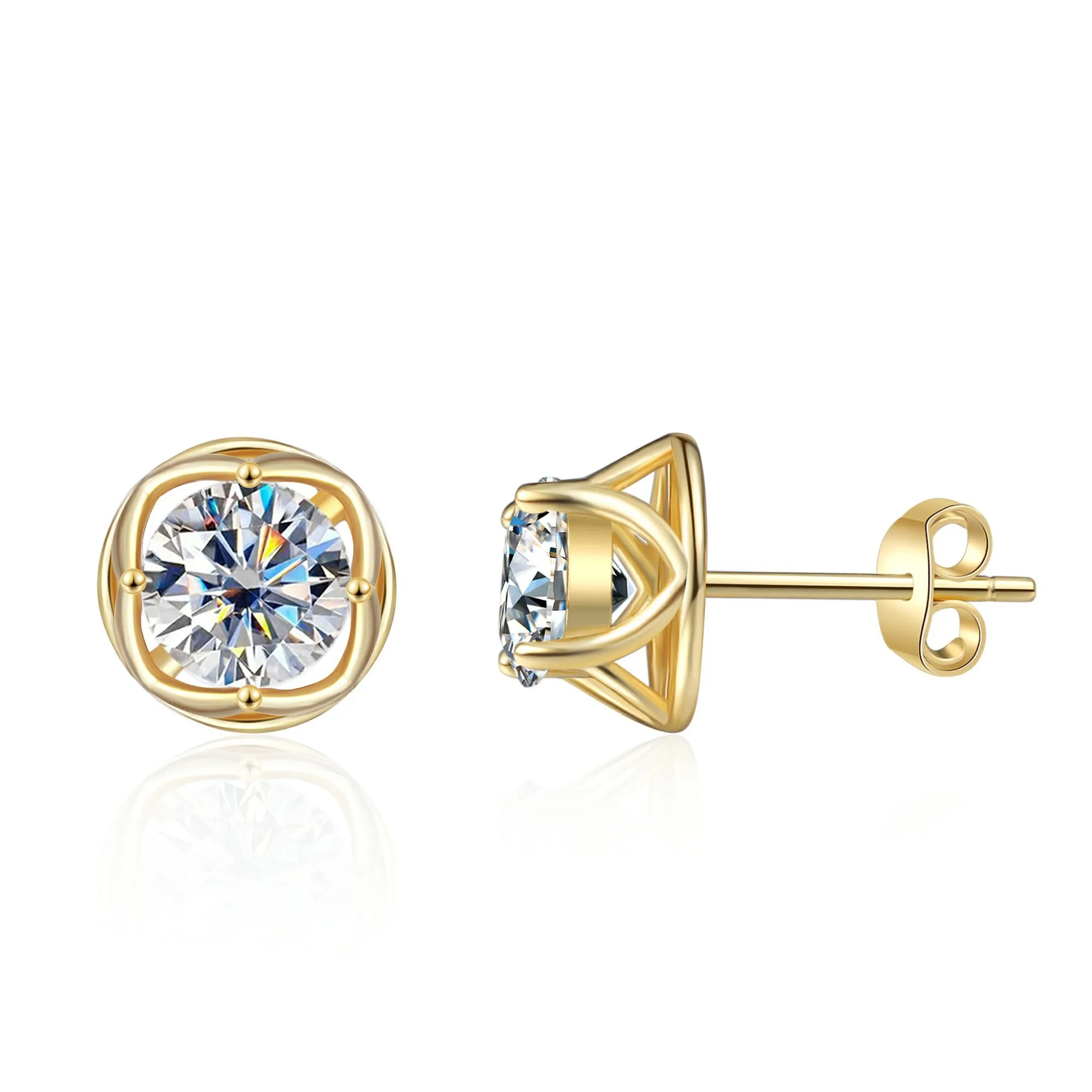 Butterflykiss Round Moissanite Earrings Total 2CT 100% Sterling Silver Ear Studs For Woman Birthday Gift Plated 18K Gold Jewelry