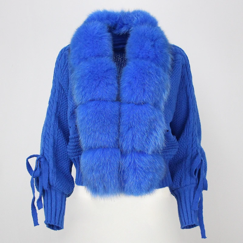 Luxury 2023 Winter Women Casual Real Fox Fur Collar New Fashion Short Warm Loose Knitted Jacket with Natural Fur Placket Coat