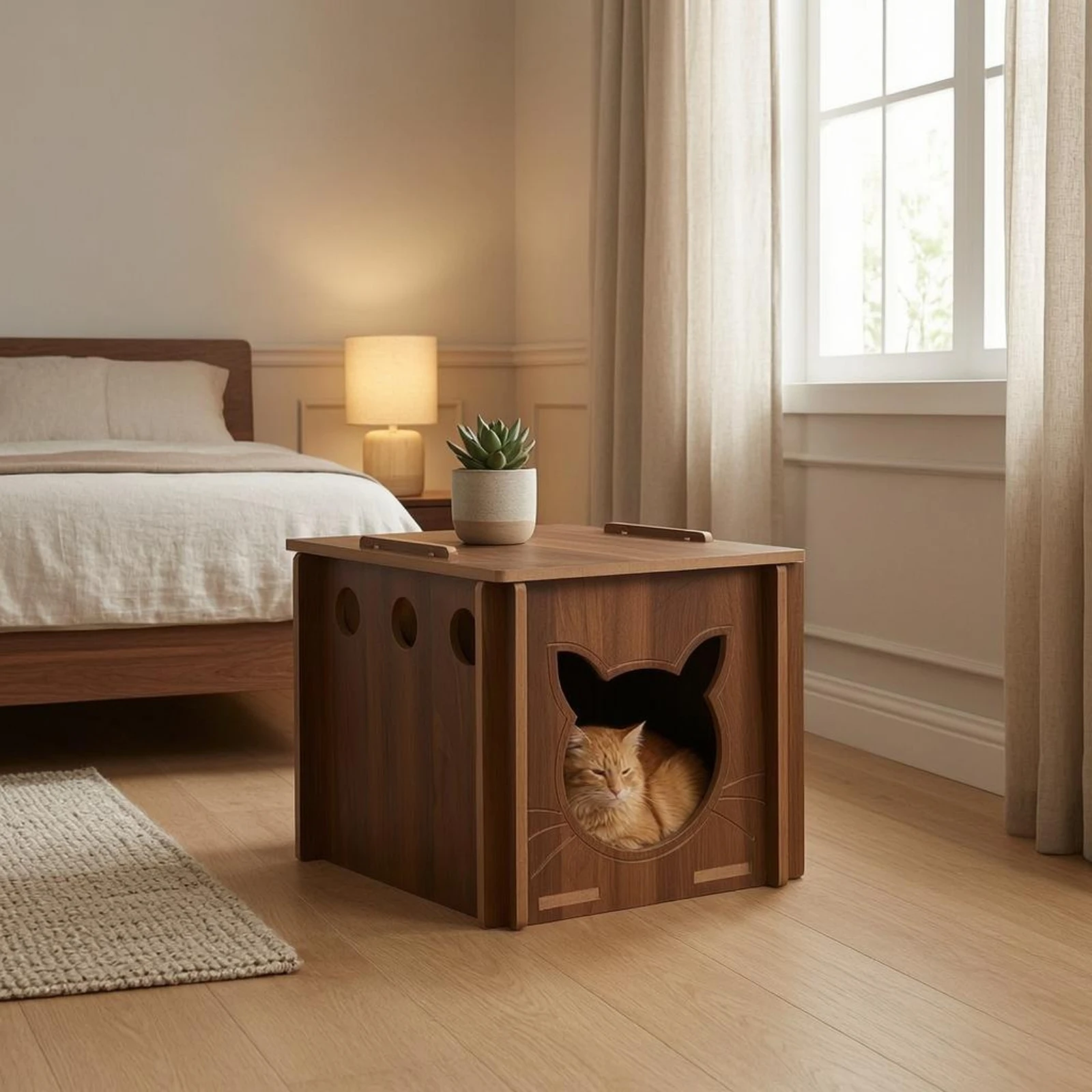 Wooden Square Cat Dog House Wood-Grain Indoor Feline Resting House Flat Top Ventilated