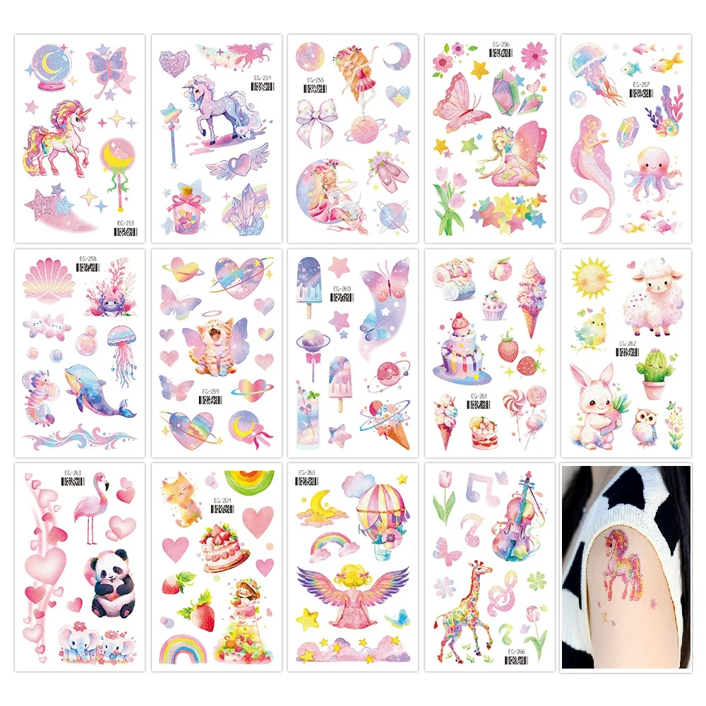 Fantasy Cartoon Tattoo Stickers For Children Glitter Temporary Tattoo Body Art Fake Tattoos Unicorn Angel Panda Girls Tattoos