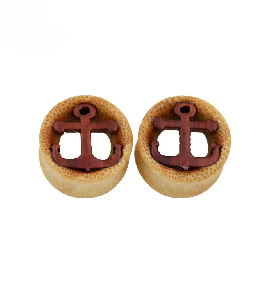 2 Stück Ohrstöpsel im Punk-Stil, geschnitzte Anker-Inlay, organisches Bambusholz, Sattel-Expander, Keilrahmen, Körperpiercing-Schmuck, 8 mm – 30 mm – Detail 2