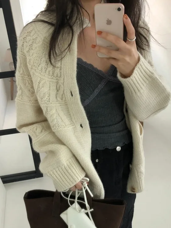 

Korean Sle Vintage Twist Single Button Knitted Sweater Jaet Women's Sli Versatile Autumn New Arrival Top
