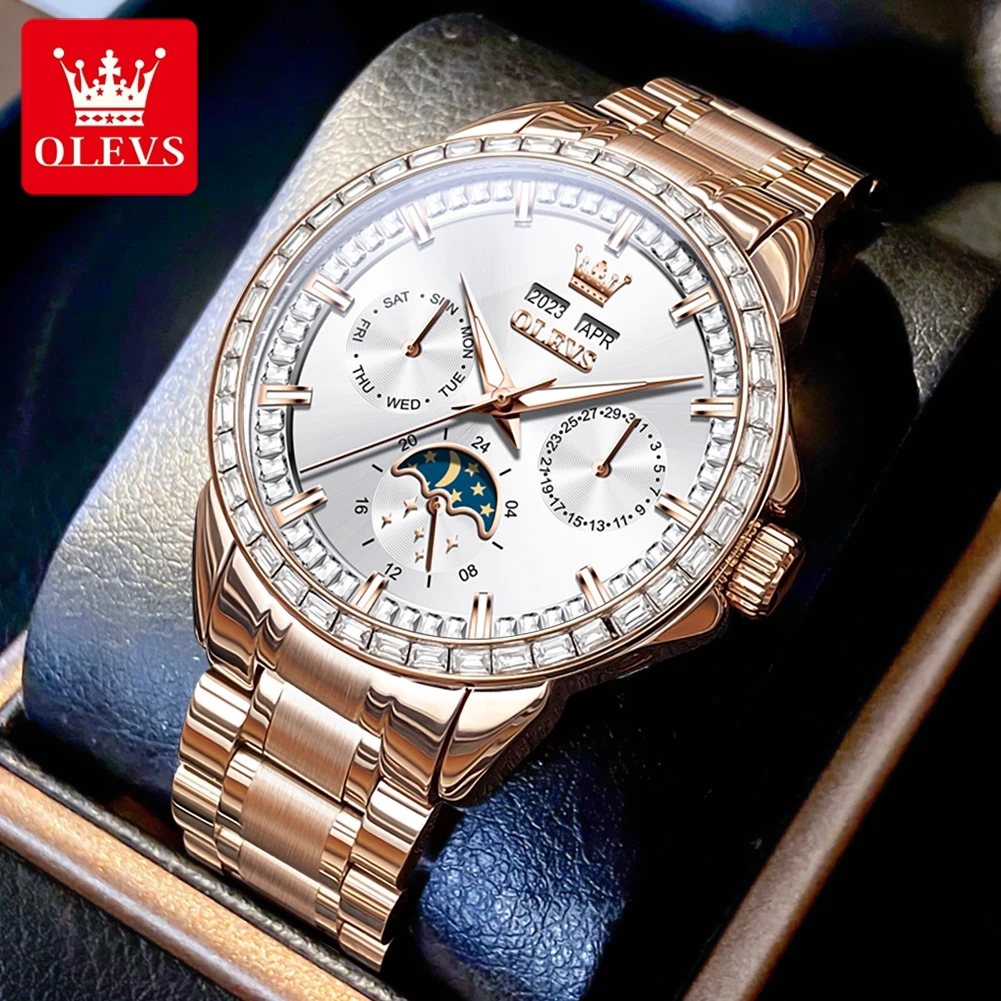 

OLEVS 6695 Moon Phase Automatic Mechanical Man Watch Luxury Diamond Bezel Waterproof Luminous Perpetual Calendar Men's Watches