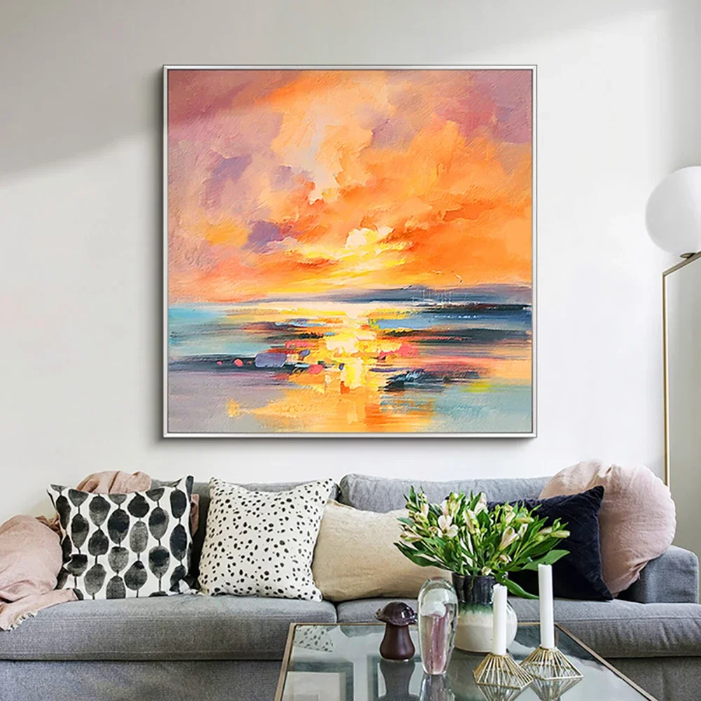 Handmade Abstract Sunset Oil Painting On Canvas Modern Landscape Wall Art Picture Hand Painted For Living Room Decoration Gift