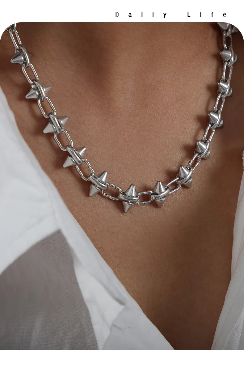 Schwarz Silber Farbe Spike Halskette Für Frauen Männer Hip-hop Rock Punk Stil Edelstahl Hals Kette Halsketten Paar schmuck Geschenk – Detail 4
