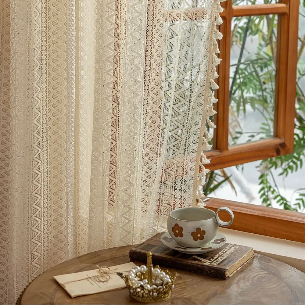Retro 140m Lace Window Screening Boho Style Hollow Lace Tassels Curtain Blackout Curtains Home Decor