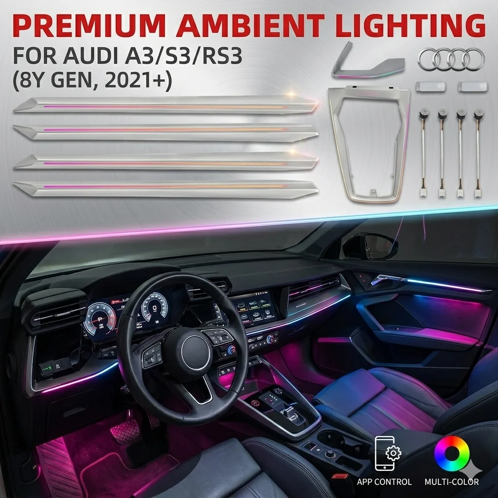 Car Ambient Light For Audi A3 A3L 8Y 2021-2024 Interior 26 LED Laser Carving Dashboard Saddle Door Atmosphere Lamp LED Kit BT