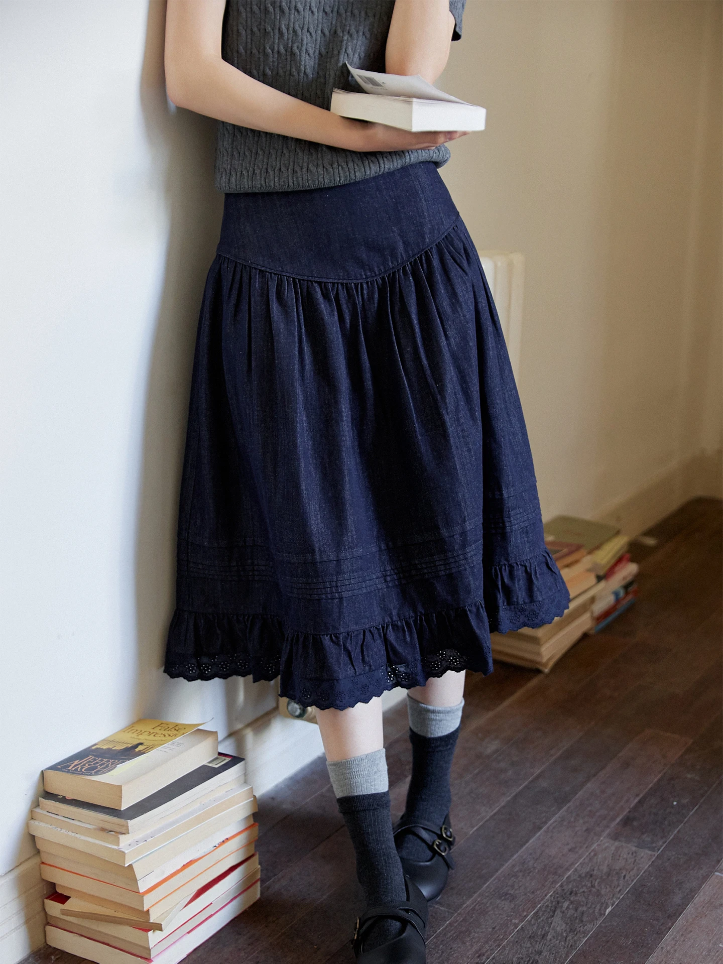 

Юбка MIXABO в стиле ретро из хлопка и льна, синяя, женская, весна-лето, с высокой талией, А-силуэт, миди, с кружевным подолом, эффект стройности