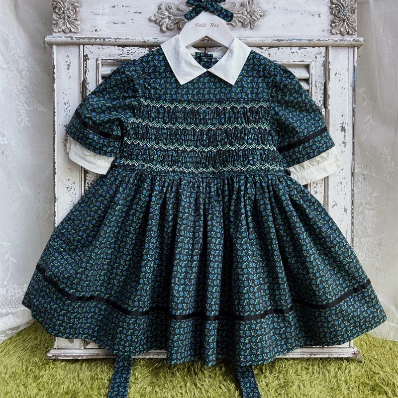 Summer New Kids Vintage Blue-green Floral Hand-embroidered Girls' Mid-sleeved Dress Flower Girls Smocking Boutique Party Dress