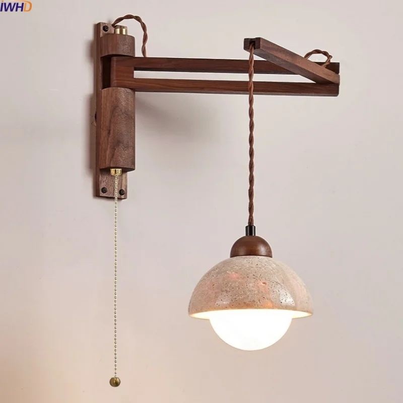 

IWHD Yellow Travertine LED Wall Light Fixture Indoor White Glass Ball Wood Vintage Industrial Bedroom Bedside Lamp Lampara Pared