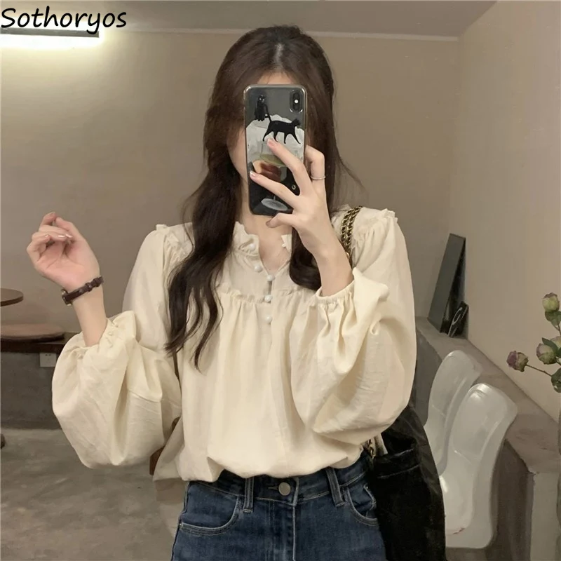 

Lantern Sleeve Blouses Women Gentle Loose Chic Vintage Button Design French Style Simple Tops All-match Females Spring Autumn