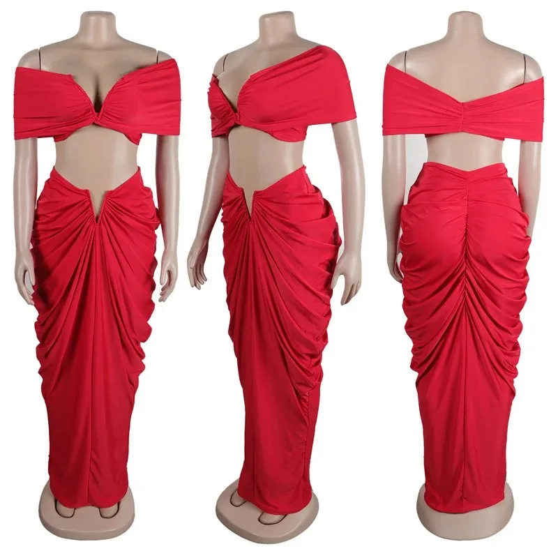 Sexy Party Night Ruched Maxi Dress Sets for Women Two Piece Set Sexy Club Outfits Slash Neck Crop Top + Long Skirt Matching Sets