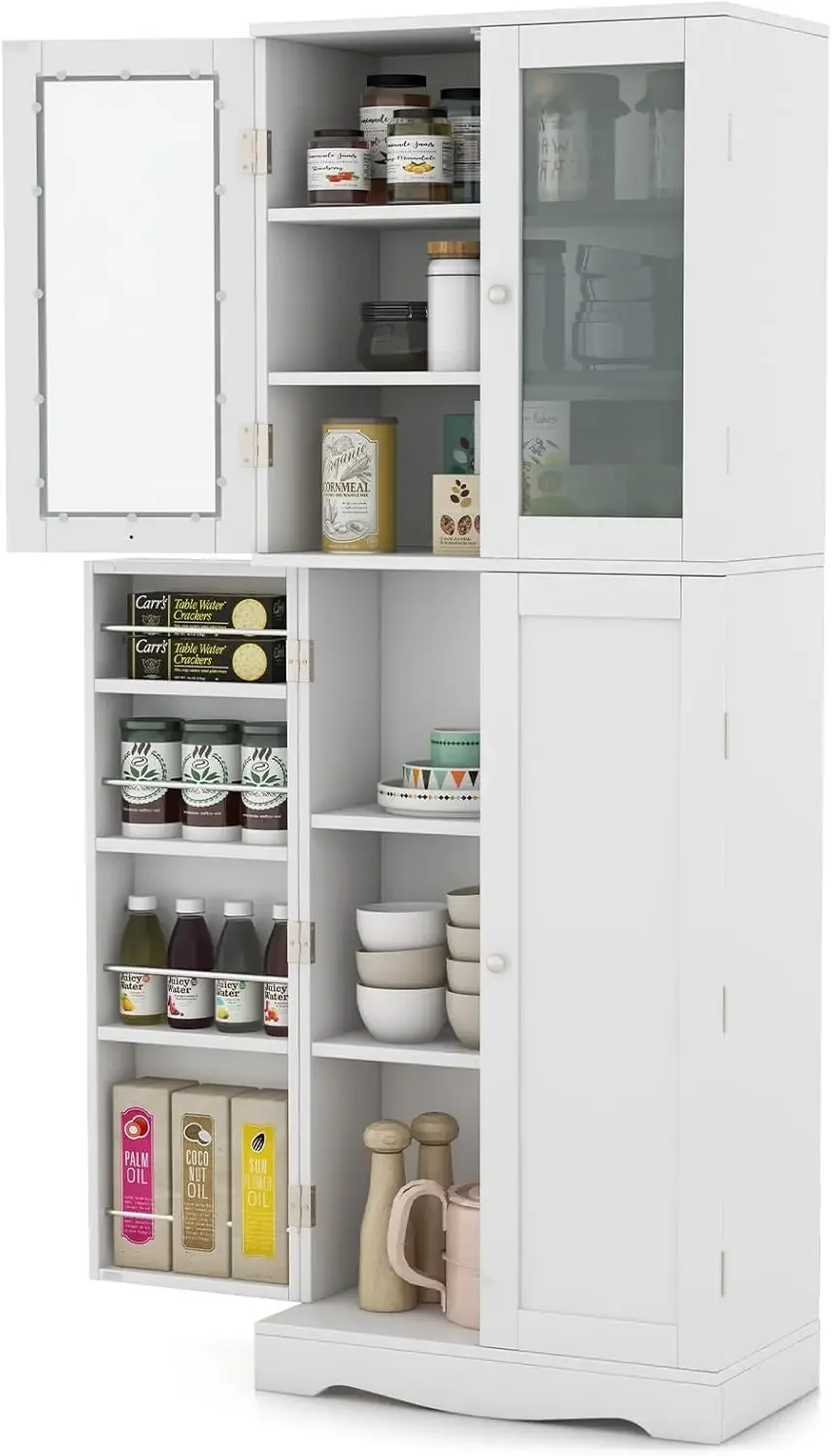 Kitchen Pantry Cabinet with Dual Tempered Glass Doors & Shelves, Extra Door Racks, Anti-Toppling Design,