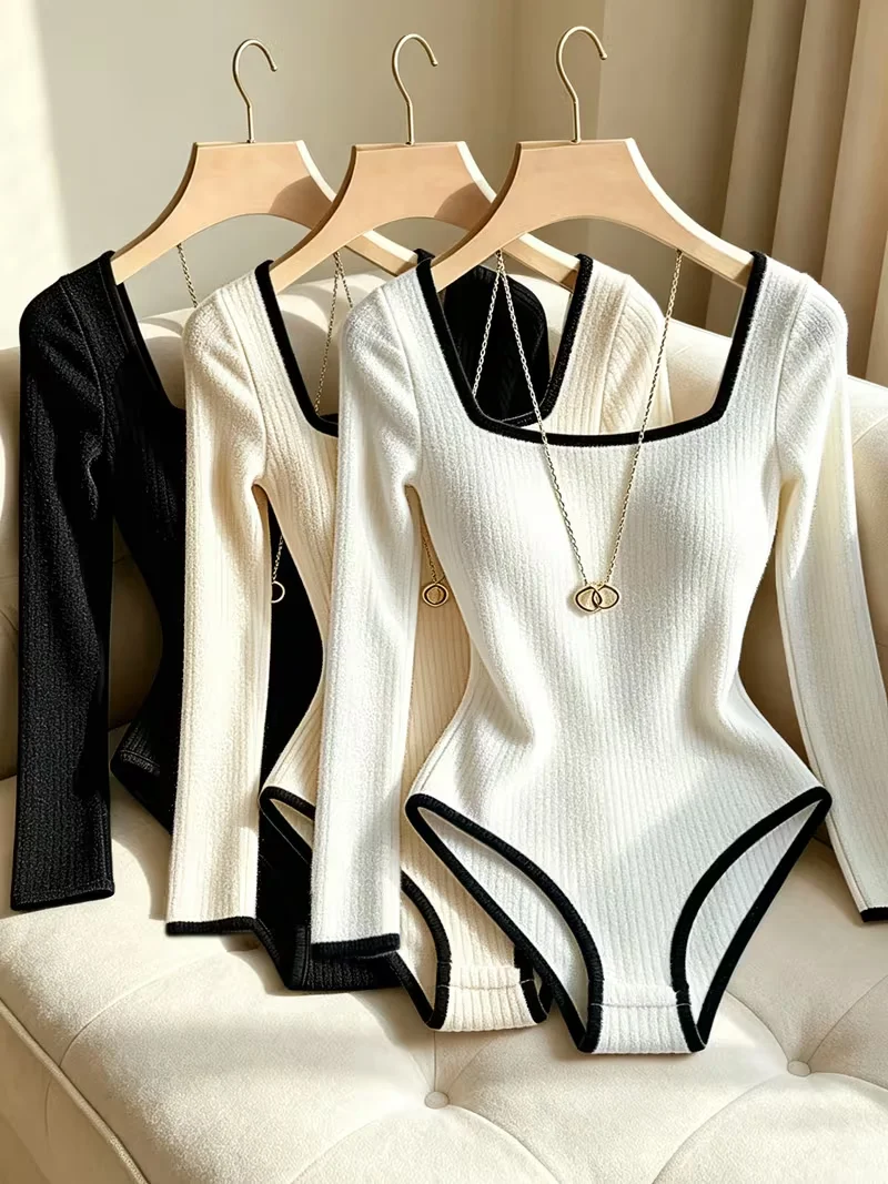 Women 3 Pack Square Neck Long Sleeve Knit Bodysuits Black White Binding Ribbed Slim Stretchy Basic sports Tops & Tees clothes