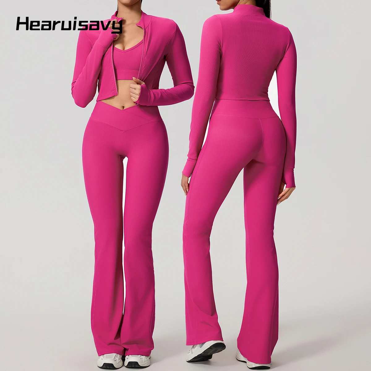 

Спортивный костюм Hearuisavy, 2 предмета: однотонная спортивная куртка на молнии с длинным рукавом и брюки с высокой талией, расклешенные, с эффектом подтяжки ягодиц