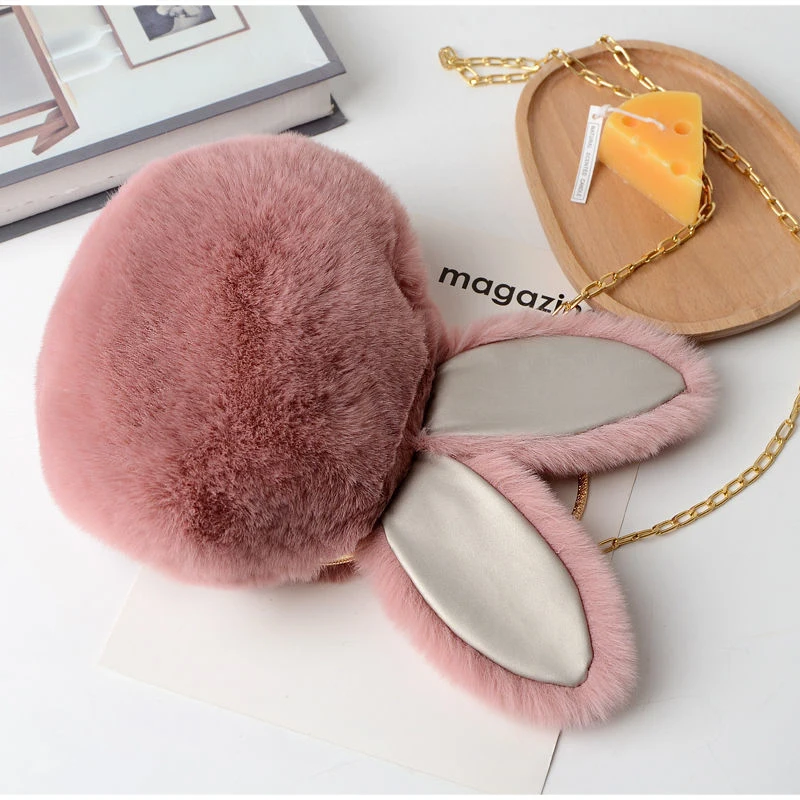 Weiche, flauschige Plüsch-Handtasche mit Henkel, niedliche Umhängetasche mit Hasenohren und Kette, warme Winter-Clutch, leichte Handytasche – Detail 3