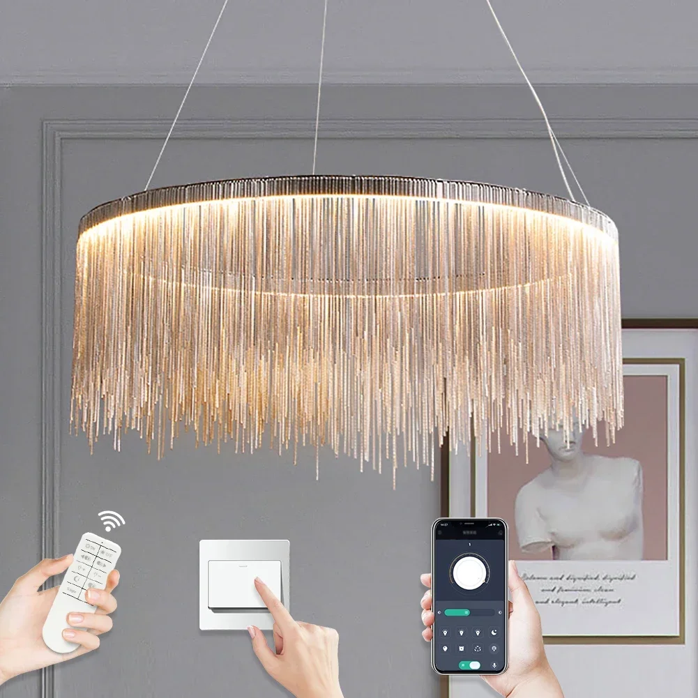 

Nordic Chandelier Indoor Pendant Lighting Remote Contrl Dimmable LED Modern Chrome Round Living Room Bedroom Lustre Hanging Lamp