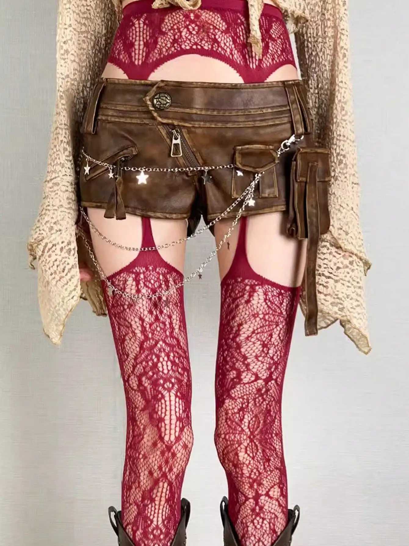 

Women's Red Lace Fishnet Thigh High Stockings with Chain Detail, Sexy & Elastic for Parties or Daily Wear