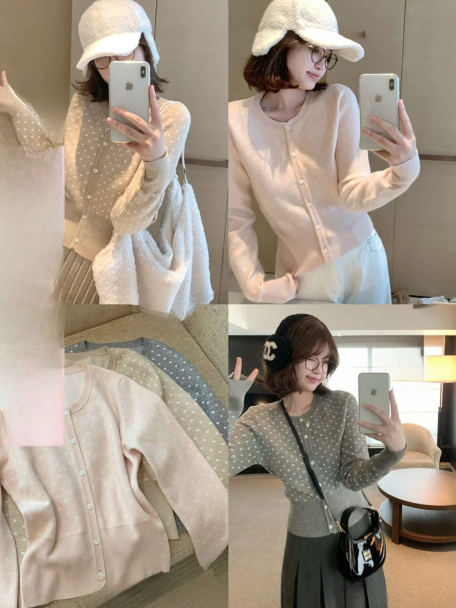 

Вязаный свитер CallmeEar в стиле ретро с узором в горошек, женский, приталенный, с круглым вырезом, открытый кардиган для осени, зимы и весны