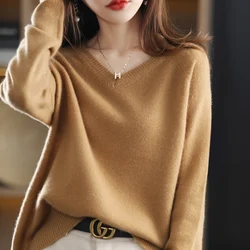 100% Wool Sweater Women Pullover New Arrival V-Neck Long Sleeve Female Warm Soft Basic Jumper Solid Loose Large Size Knitt