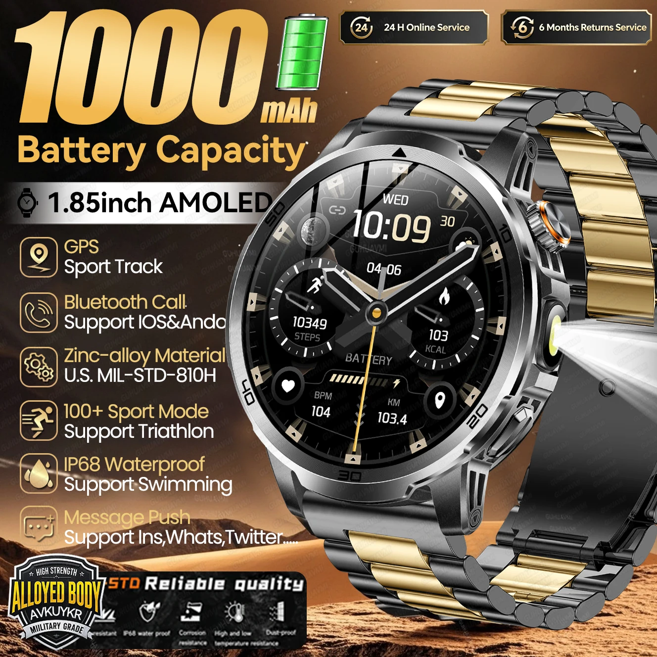 

2026 New 1000mAh Large Battery Durable Adult Smart Watch GPS Strong Flashlight IP68 Waterproof BT Call Sports Smartwatches Men