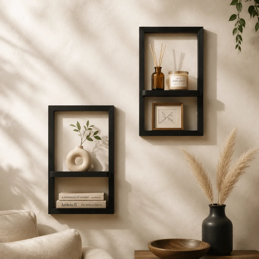 Nordic Style Wooden Wall Shelf Vintage Style Geometric Storage Rack Wall-Mounted Decoration Figurine Shelf Living Room