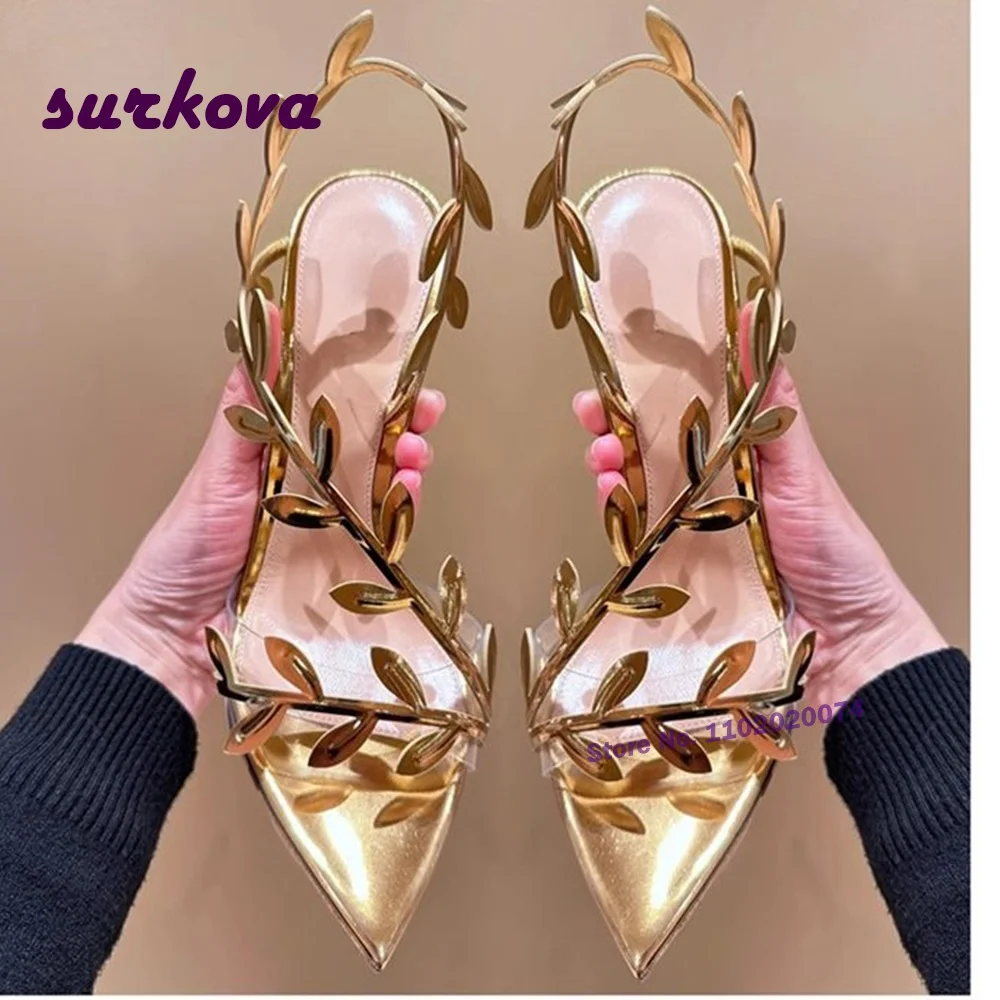 

Leaf Decor Gold Sandals Pointed Toe Pvc Slingback Summer Sandals for Women Patchwork Slip On Glossy Party Wedding Shoes Sexy