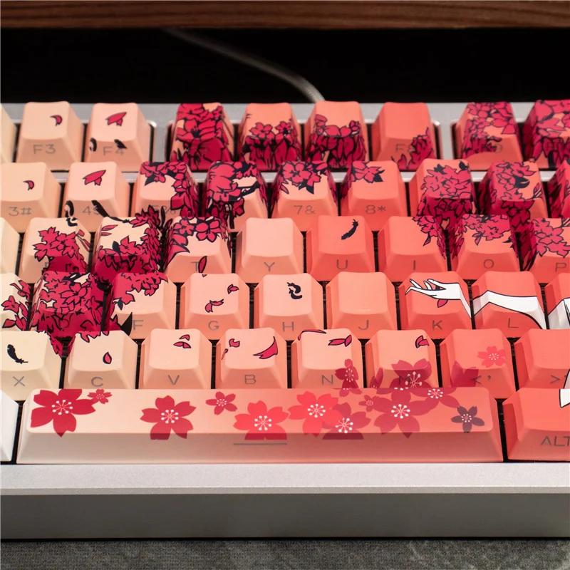 Capuchons de touches de clavier mécaniques à Sublimation PBT, thème Sakura Raven, Transmission de lumière latérale, 131 touches, profil Cherry