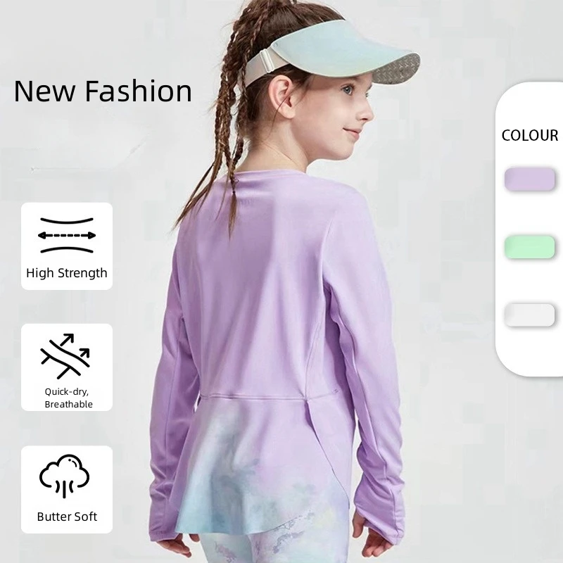 Girls Long Sleeve Shirts Quick-dry Kids Teens Sports Tees Soft Crossed Hem Children Yoga Athletic Running T-Shirt Gym 4-15 Years