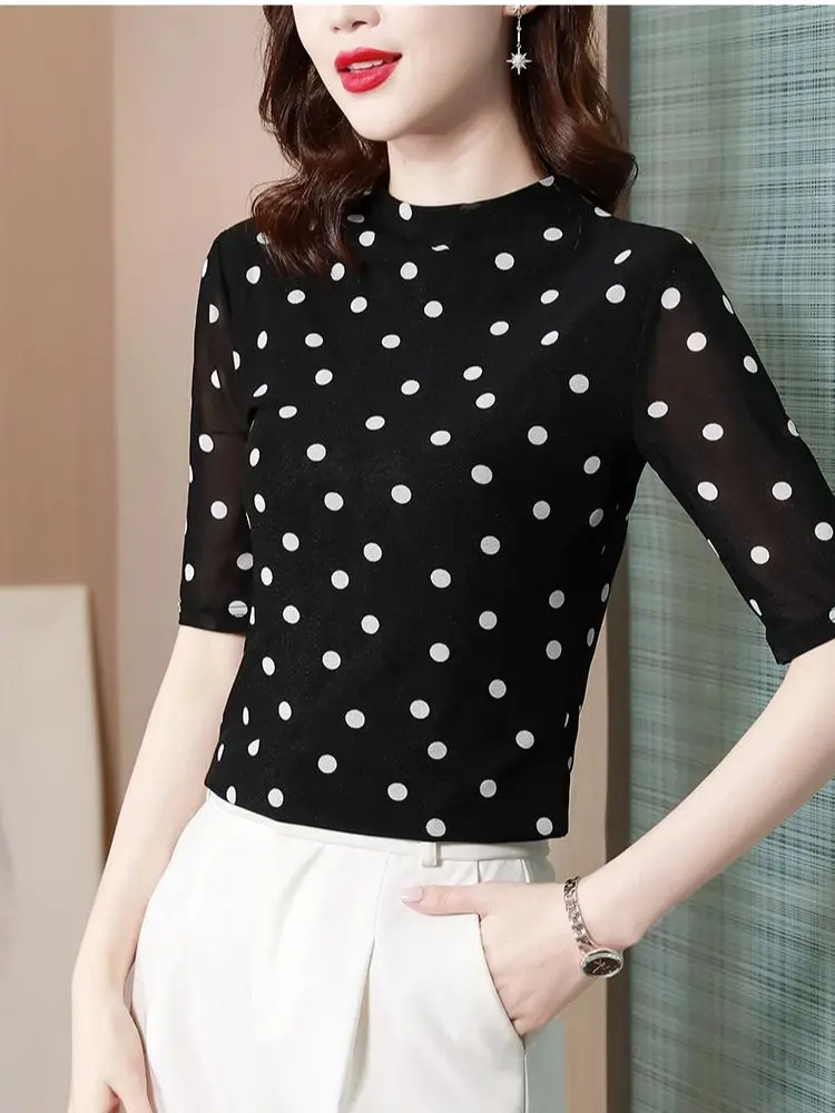 Spring Summer Women\'s Half-sleeved T-shirt Female Double-Layer Dot Mesh Tops Woman Vintage Simple Tees Shirt M-4XL