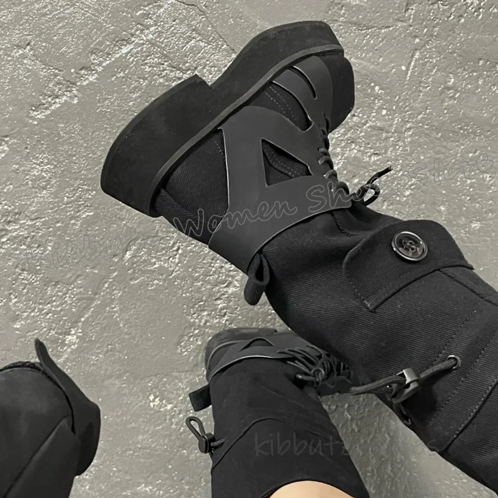 

Climbing Knee High Boots Drawstring Round Toe Chunky Heels Lace-Up Novelty Fashion Novelty Concise Outdoor Patchwork Women Shoes