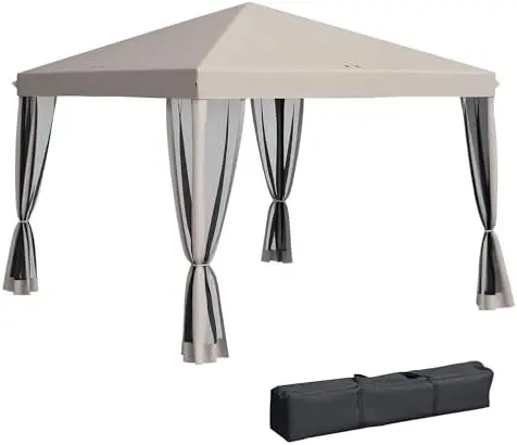 10' x 10' Pop Up Canopy Tent with Netting Carry Bag Beige | Instant Gazebo, Screen House Room, Height Adjustable