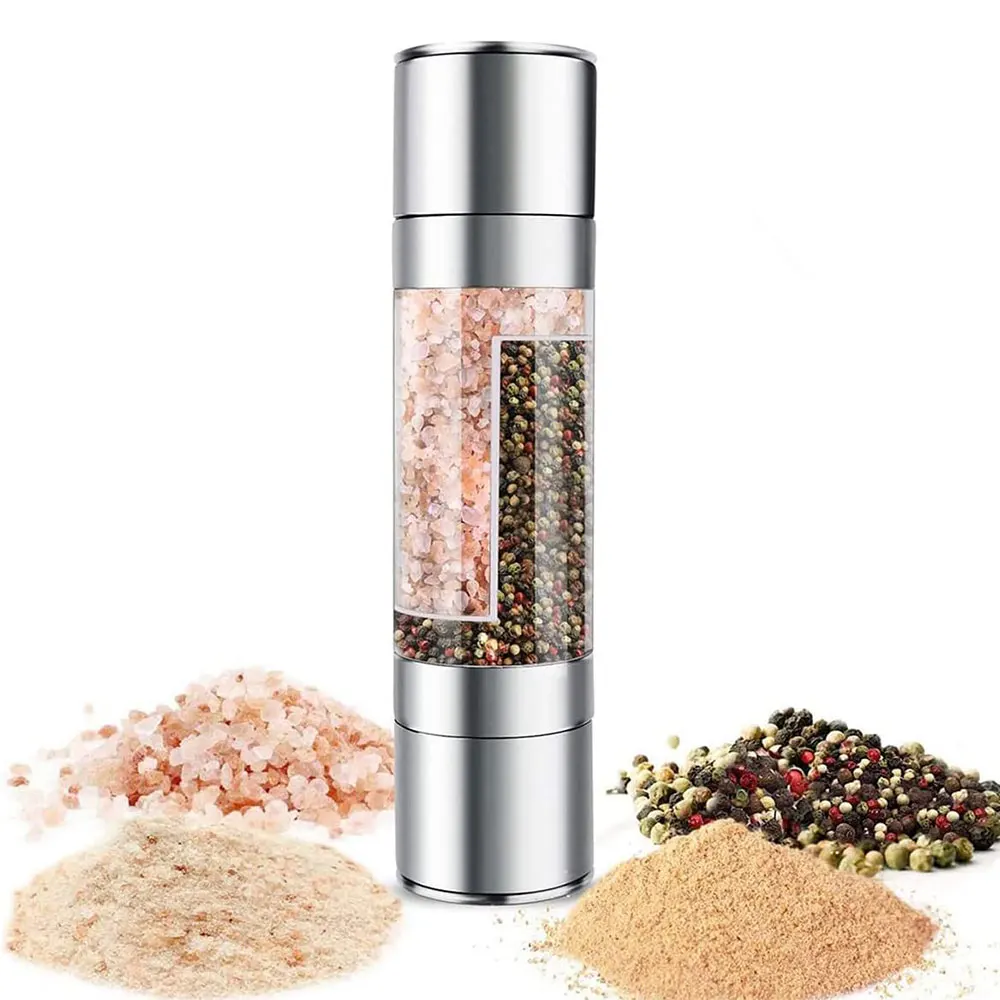 2 in 1 Stainless Steel Salt and Pepper Grinder Manual Pepper Mill Refillable Herb Spice Grinder Shaker Adjustable Coarseness