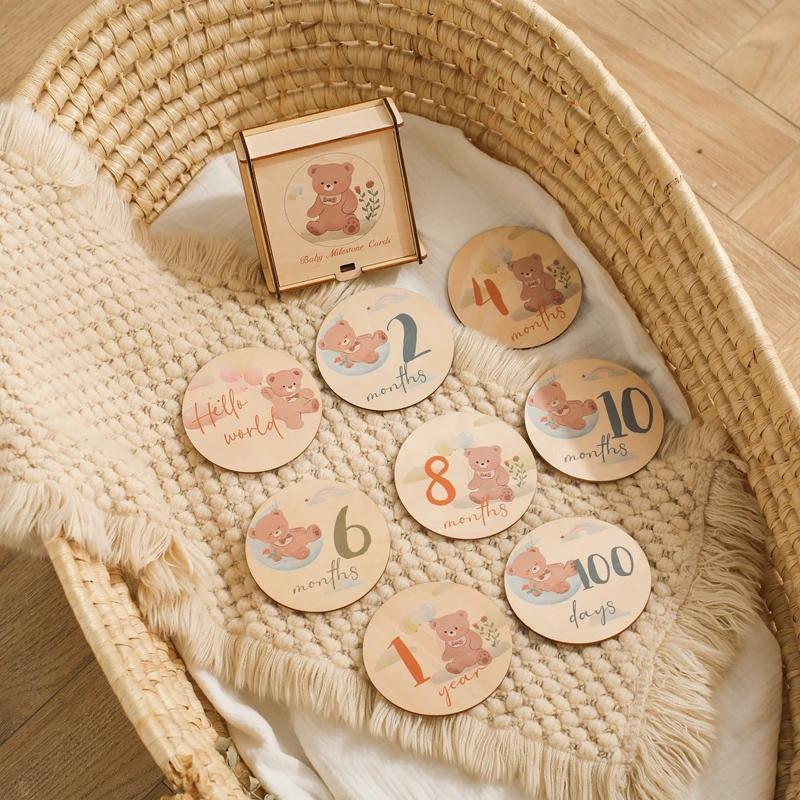 

1Set Wooden Baby Month Milestone Printed Bear Card Record Card Newborn Birthday Gift Souvenir Baby Photo Photography Accessories