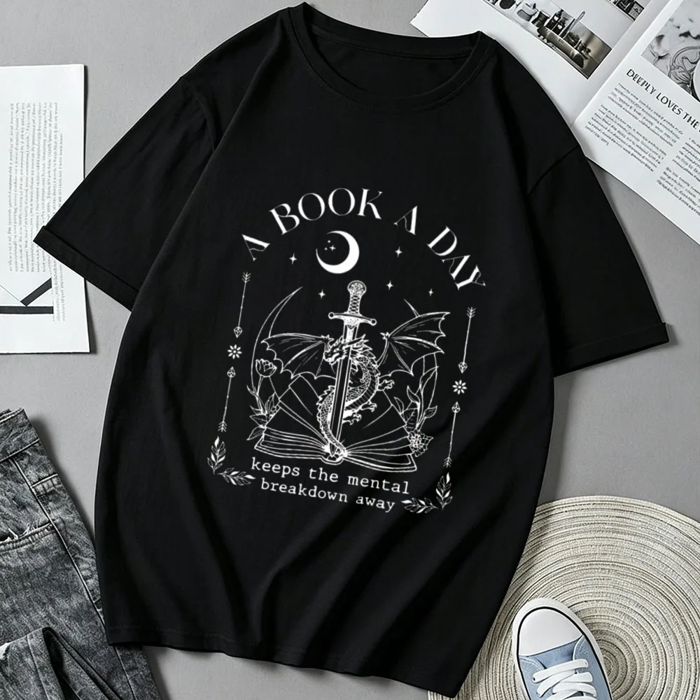 A Book A Day Keeps The Mental Breakdown Away Dark Academia Dragon Sword Moon Bookish Graphic Print Otton T‑Shirt Casual Top Tees