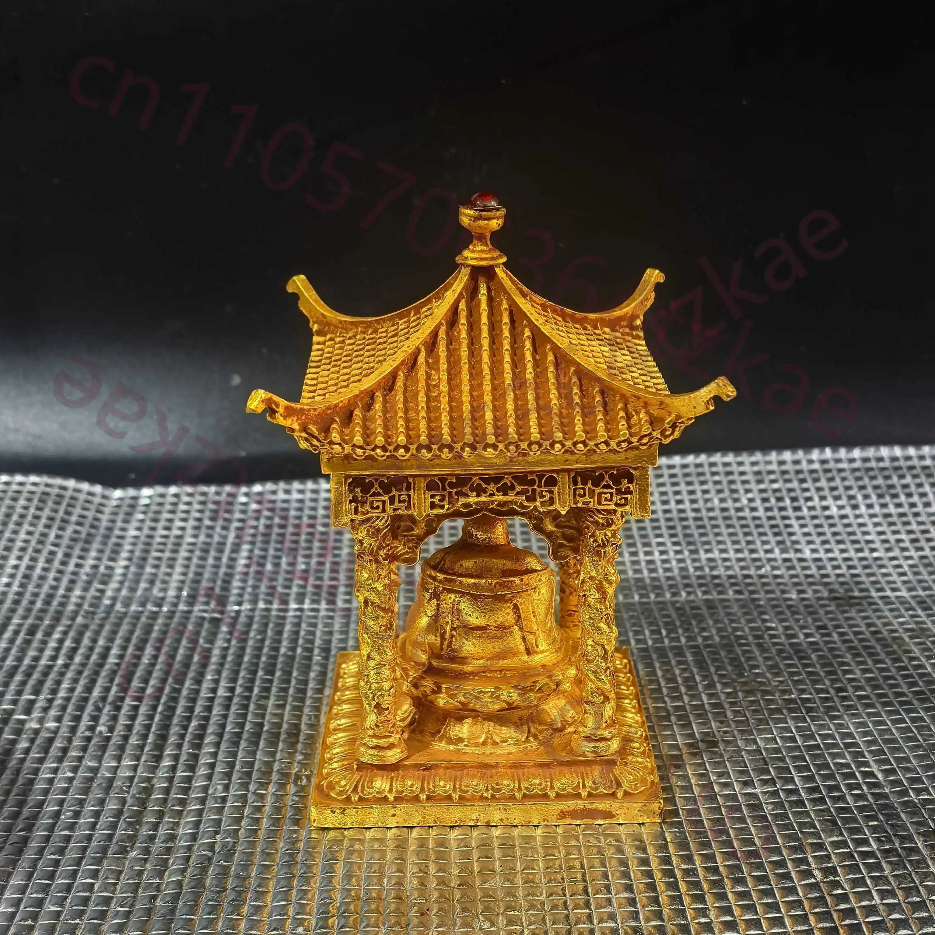 Chinese Folk be unearthed Collection of copper Golden color Four sided Buddha Maitreya Buddha House Pavilion Pagoda
