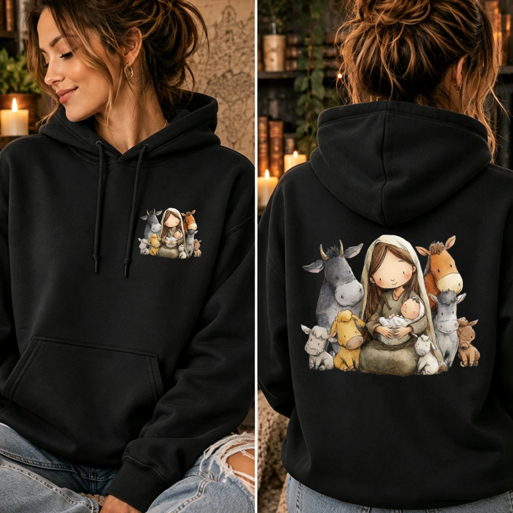 Funny Christian Nativity Hoodie Black Jesus Mary Baby Animals Christmas Religious Graphic Pullover Cozy Unisex Women Gift 2026