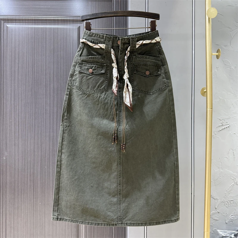 

Женская длинная юбка с высокой талией и разрезом на спине, осенняя новая универсальная и утягивающая модная джинсовая юбка средней длины