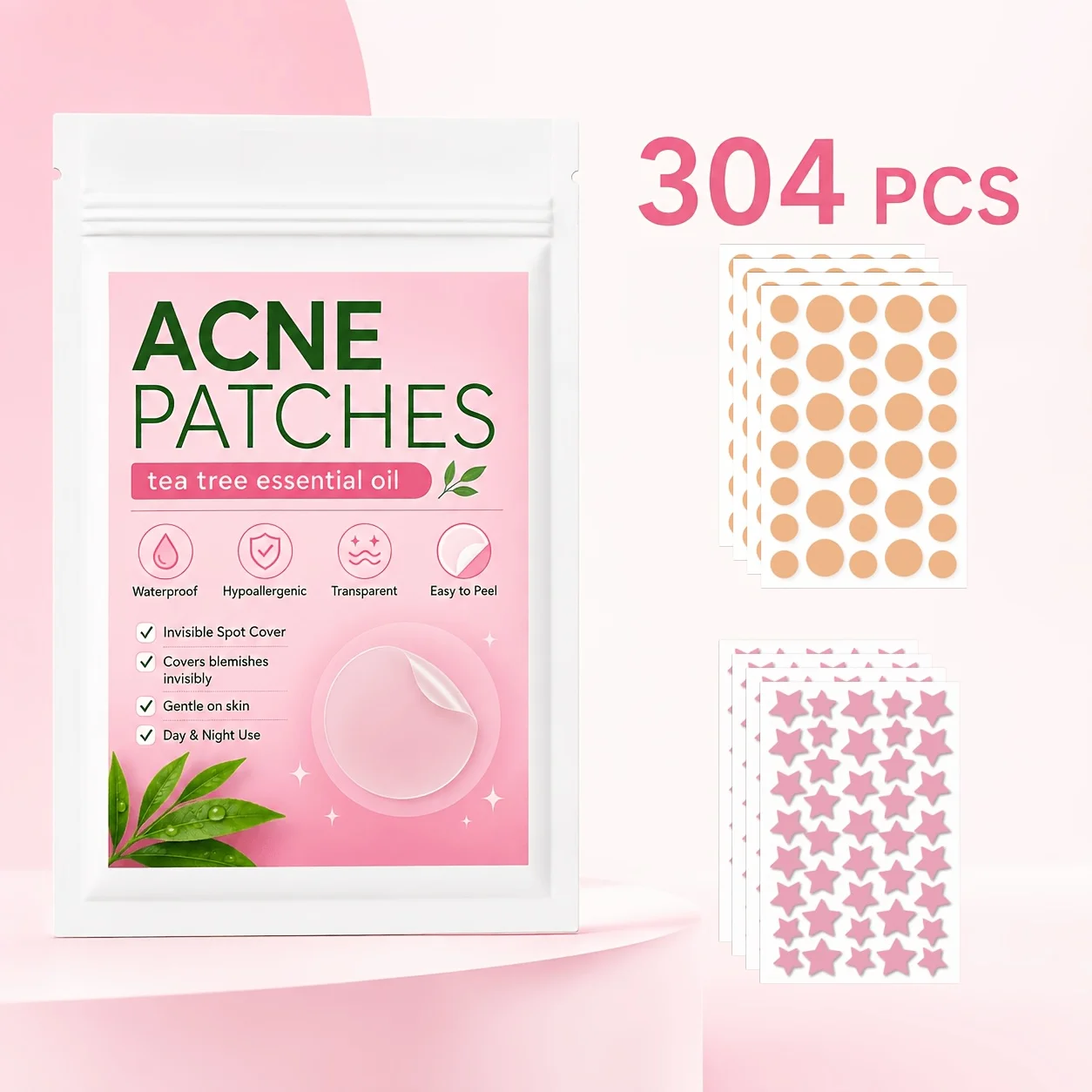 304PCS Hydrocolloid Pimple Patches, Colorful Star & Round Face Stickers, Cute Blemish Cover Patches for Men Women