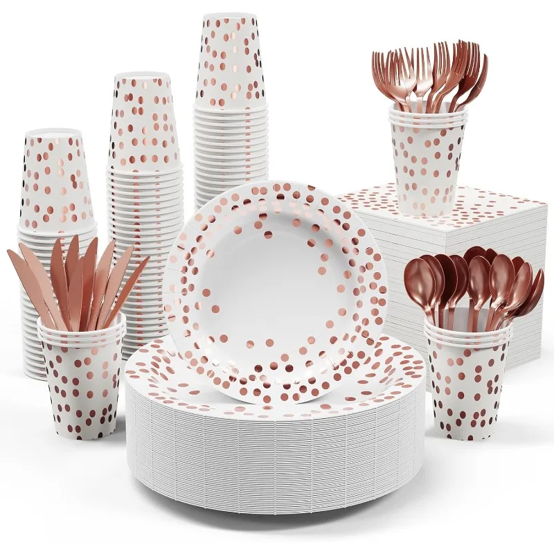 

White and Rose Gold Party Supplies - 350 PCS Disposable Dinnerware Set - White Paper Plates Napkins Cups