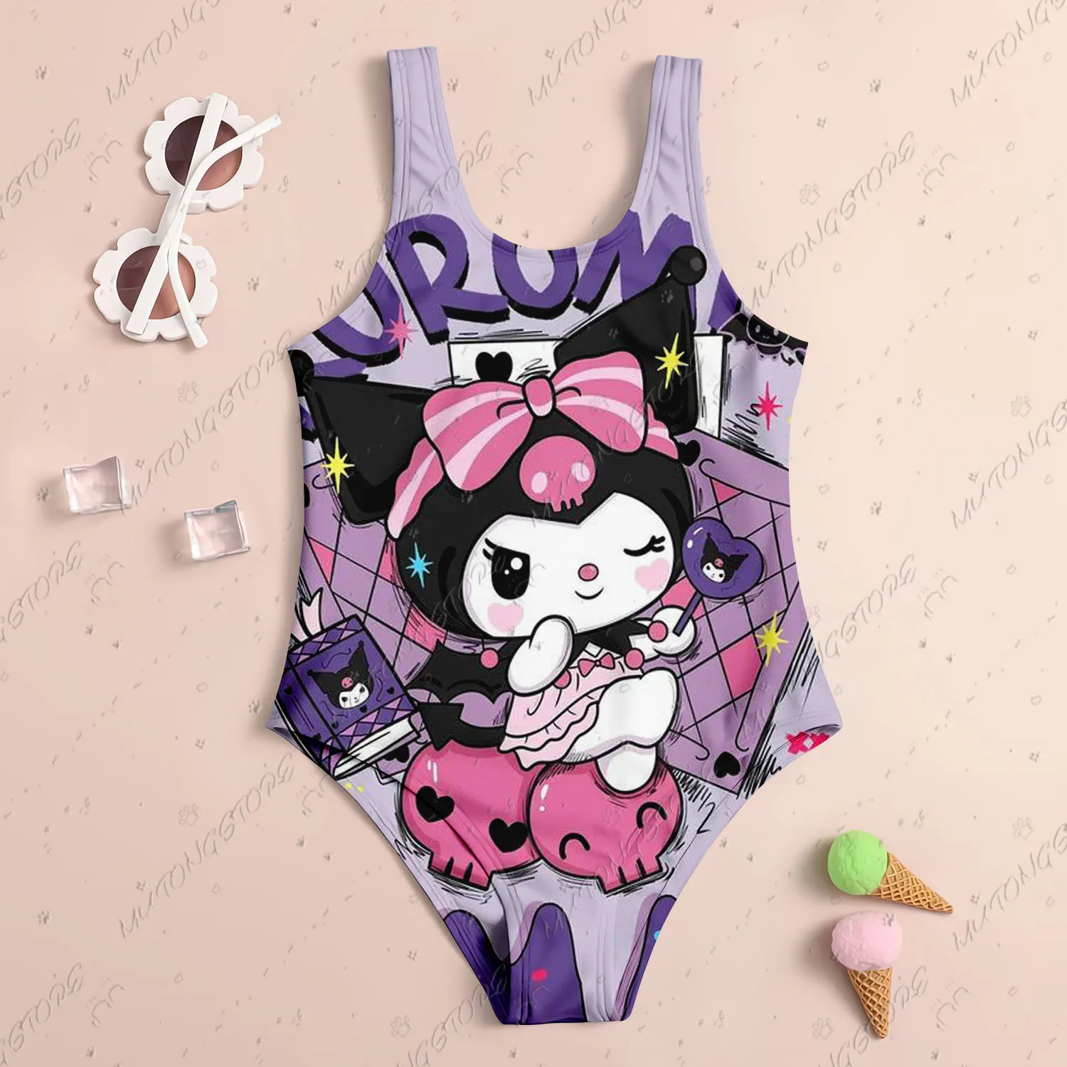 2025 New Cute Children One-Piece Swimsuit Sanrio Kuromi 3D Print Girl Women Swimsuit Soft Breathe Kids Summer Seaside Clothes